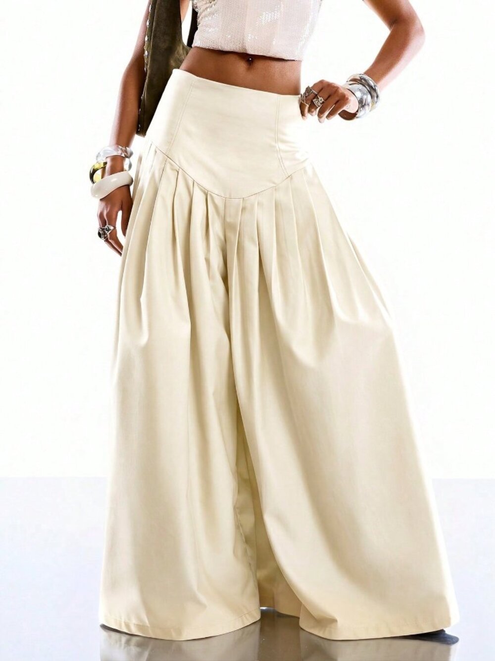 Beige Casual Women's Minimalist Pleated Wide-Leg Pants - Picture 4 of 6